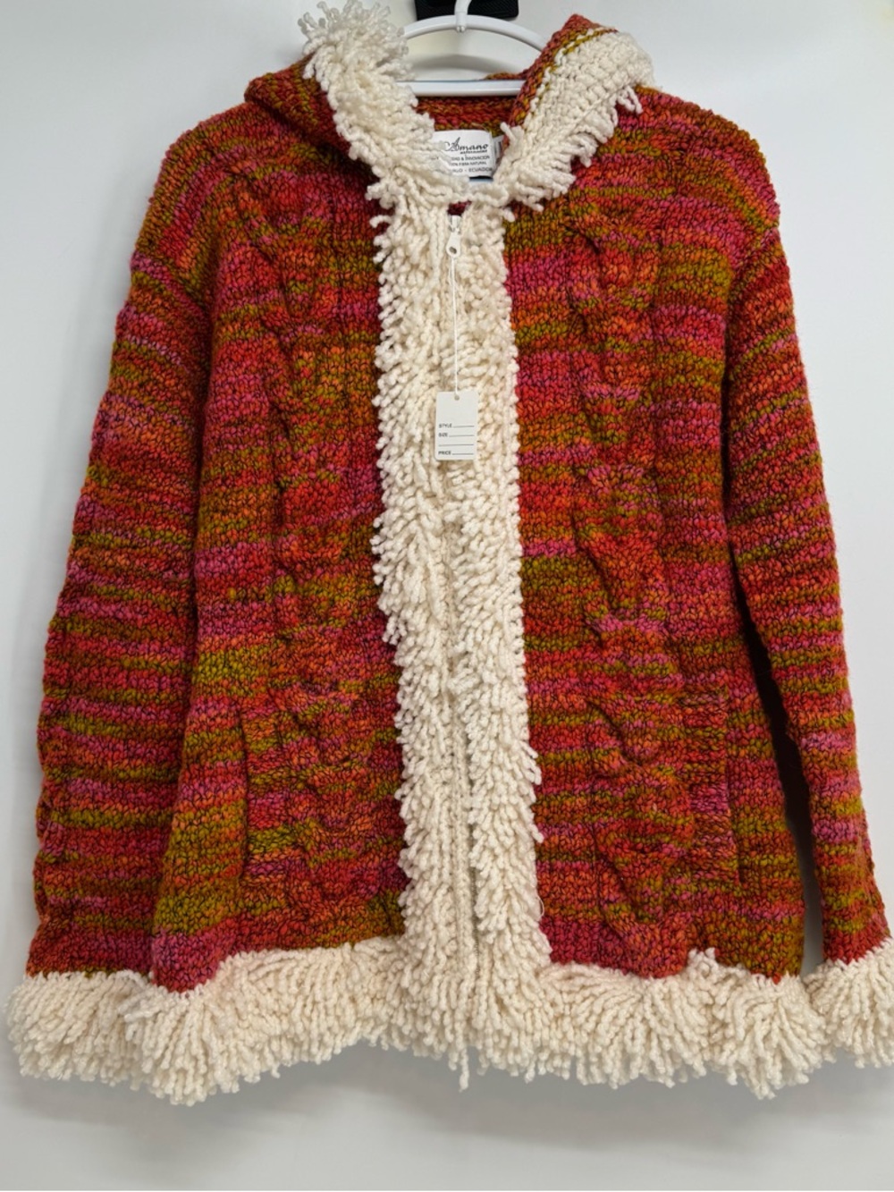 New Amano Artesanias Womens Size M Hand knit Hooded Zip Front Cardigan Wool